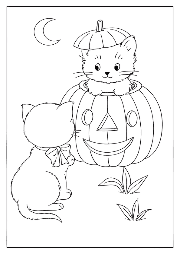 Two cute kittens, one inside a jack-o'-lantern under a crescent moon.