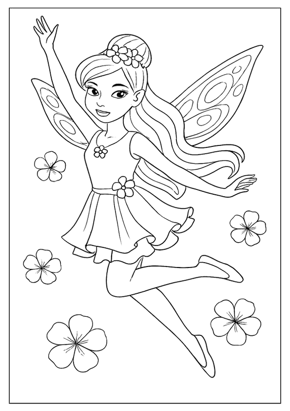 A Cheerful Fairy With A Flower Headband Flying, Surrounded By Floating Blossoms, A Fun Sheet.