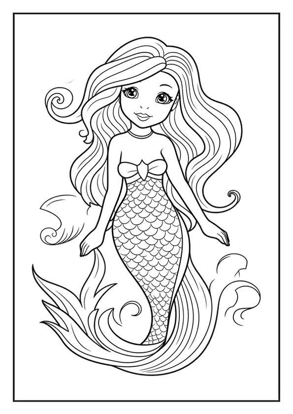 An intricate mermaid coloring page showing a beautiful mermaid with a detailed scaly tail, surrounded by waves.