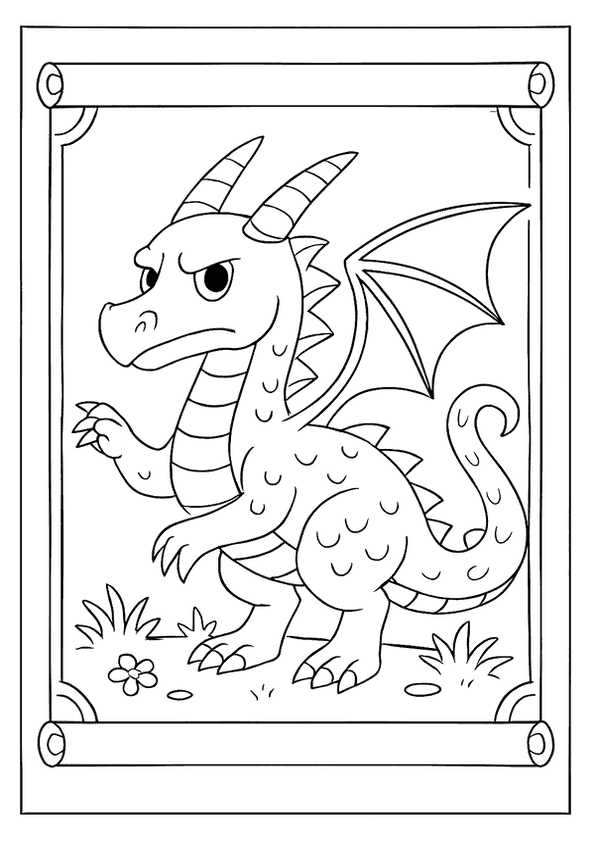 Grumpy green dragon coloring page with horns and wings, ready for a splash of color.