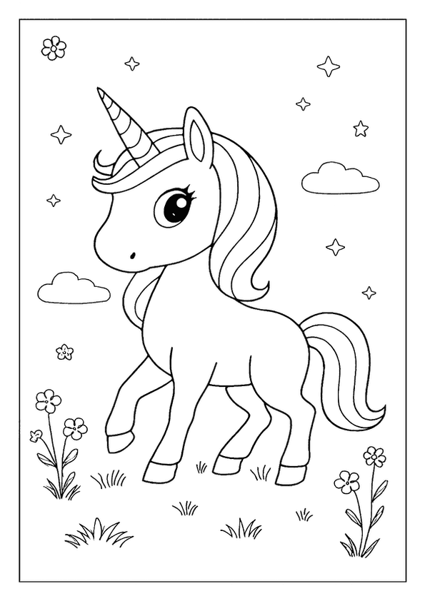 A Magical Unicorn Coloring Page. This Cute Baby Unicorn Has A Long Mane And Stands In A Meadow.