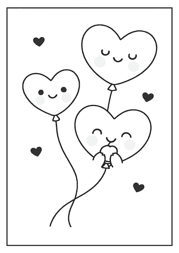A trio of heart-shaped balloons with smiling faces in a Kawaii coloring page.