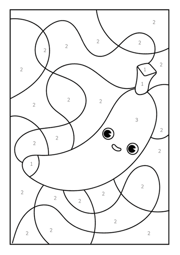 A goofy color by number of a banana with a happy face and expressive eyes.