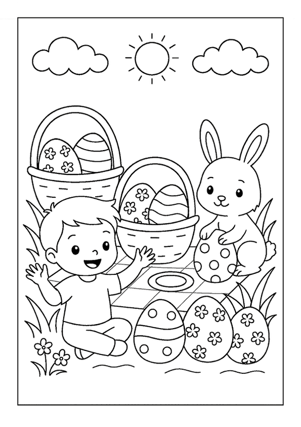 Baskets full of surprises, an Easter coloring page with a boy, bunny, and many decorative eggs.