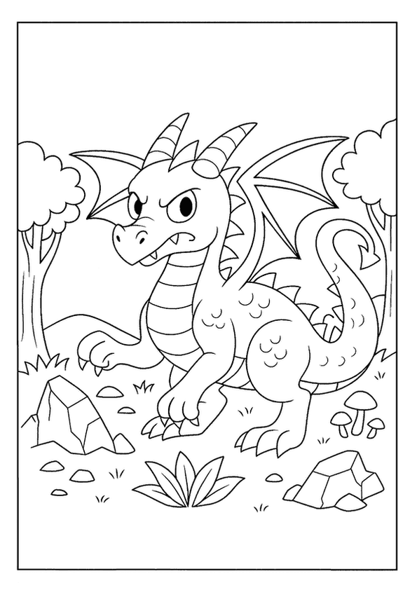 Mighty dragon coloring page in a forest clearing with trees and mushrooms.