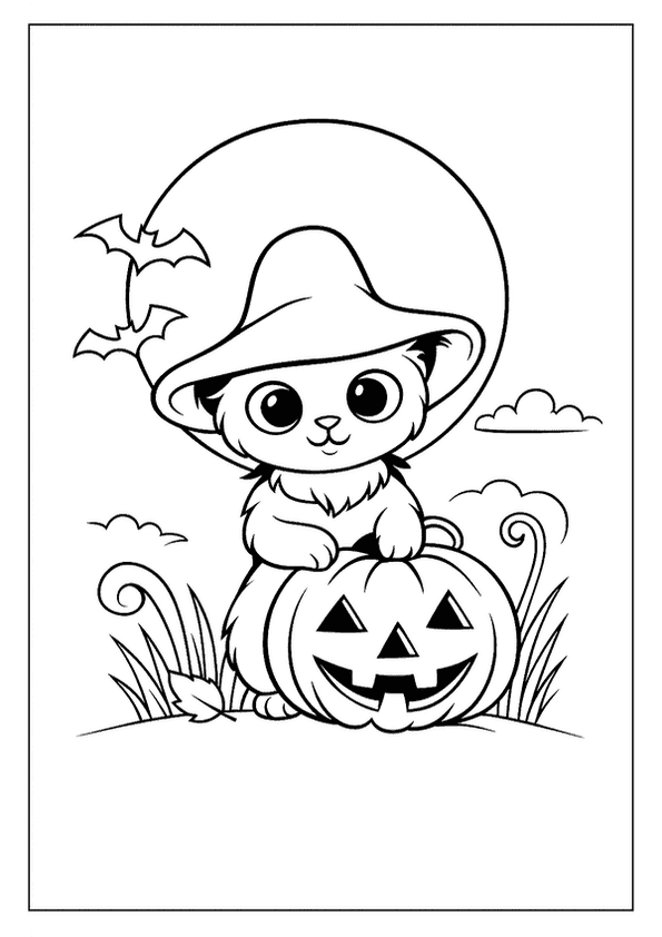 An adorable kitten with large eyes wearing a witch hat, sitting behind a smiling jack-o'-lantern with bats flying around the moon.