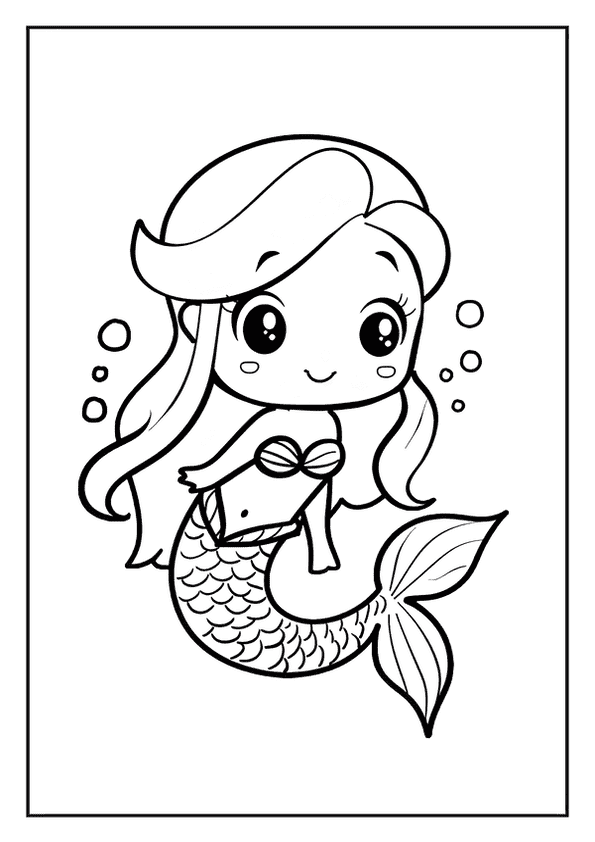 A magical mermaid coloring page of a cute chibi mermaid swimming with a big smile and bubbly friends.