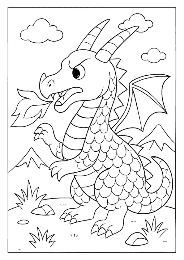 Fierce fire dragon coloring page roaring flames in a mountain landscape.