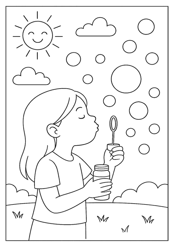  A smiling girl blows bubbles happily under a bright sun and clouds.