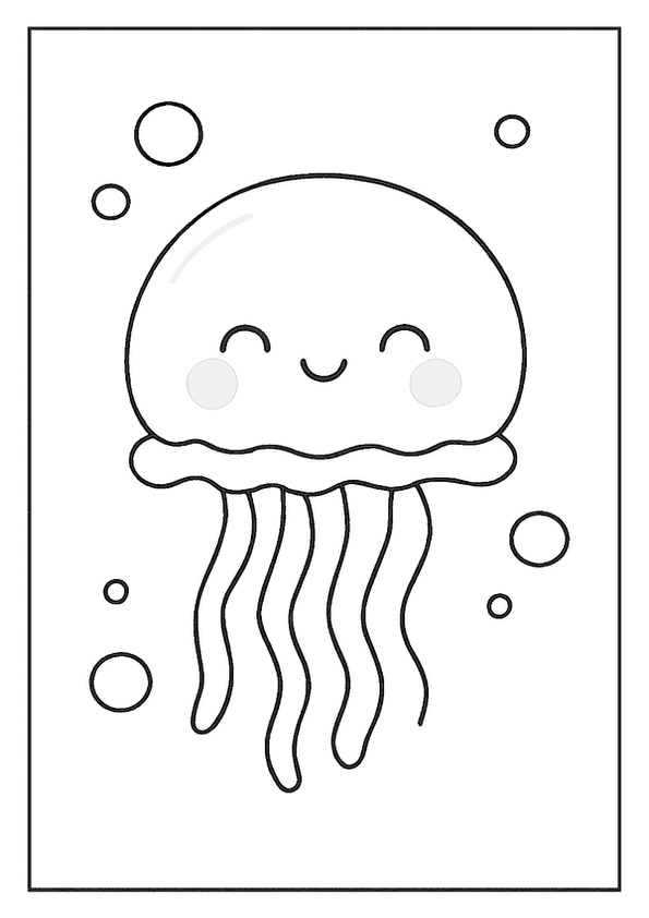 Bubbly Kawaii jellyfish coloring page with a happy jellyfish surrounded by bubbles.