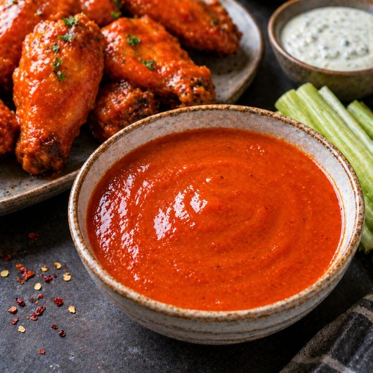 Classic buffalo sauce with chicken wings.