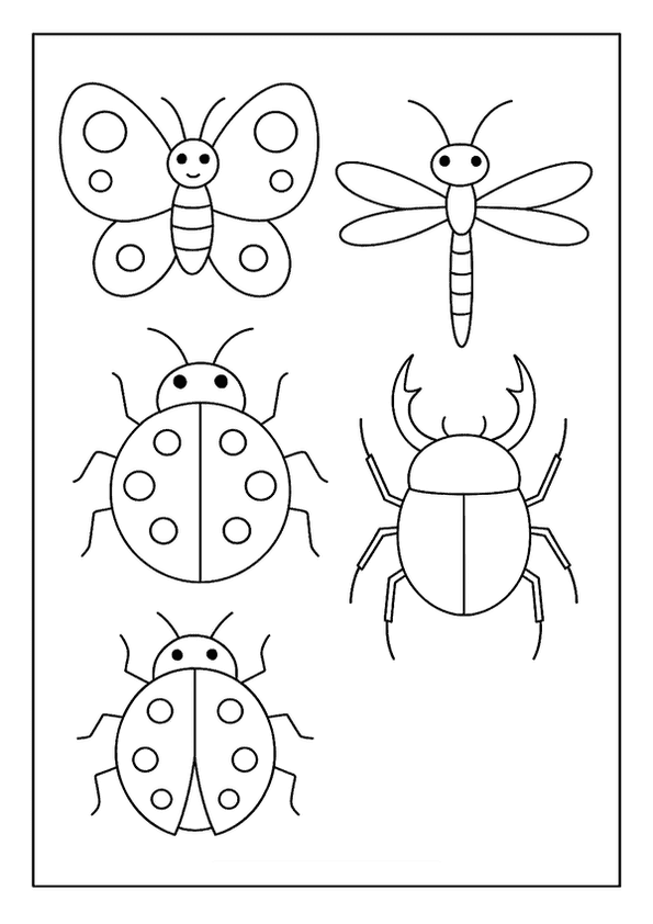 Bugs and insects coloring pages for kids, featuring a butterfly, dragonfly, ladybugs, and a beetle.