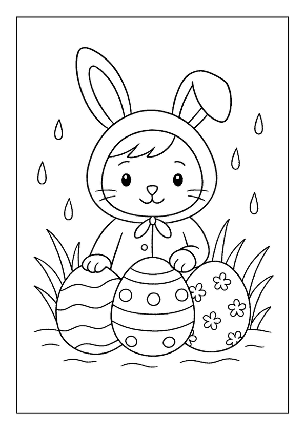 Adorable bunny hiding painted eggs on an Easter coloring page, with falling raindrops and grass.
