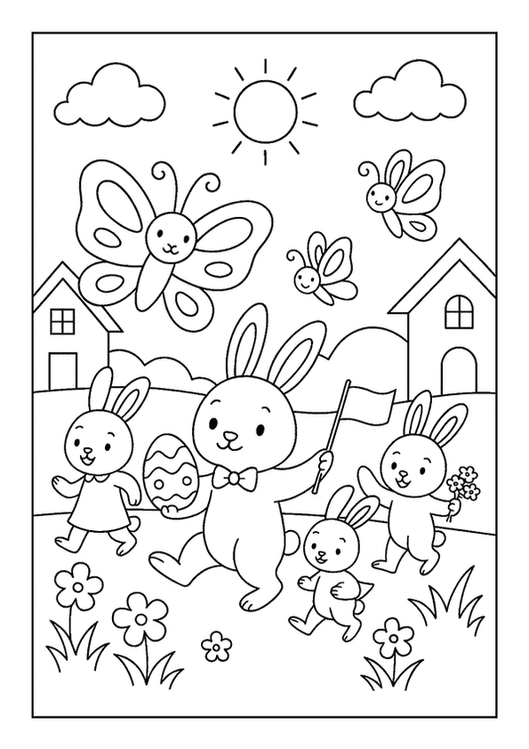 Bunny parade through village, an Easter coloring page with cute bunnies, butterflies, and houses.