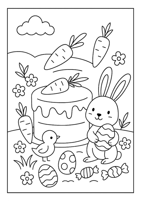 Carrot cake and candies, an Easter coloring page with a bunny, chick, and decorated eggs.