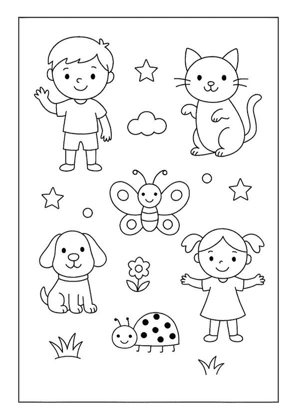Cartoon coloring pages for kids featuring a boy, cat, butterfly, dog, girl, and ladybug.