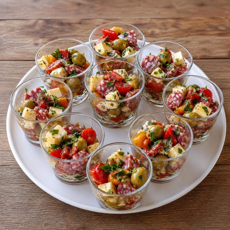 Variety of no-cook party appetizers on a counter.