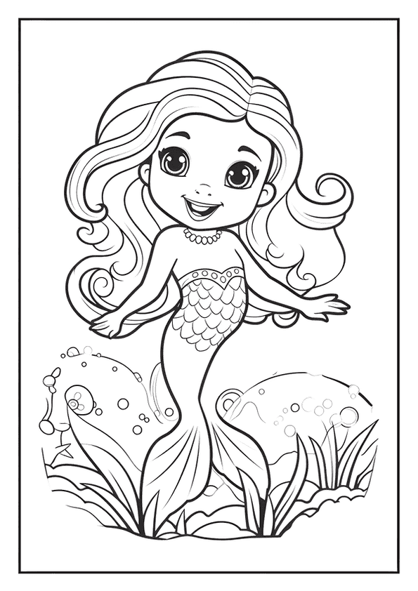 A magical mermaid coloring page of a cute chibi mermaid swimming with bubbles and aquatic plants.