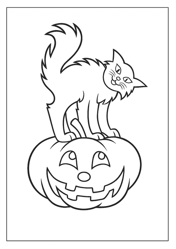 A black cat with arched back and raised tail stands on a smiling jack-o'-lantern.