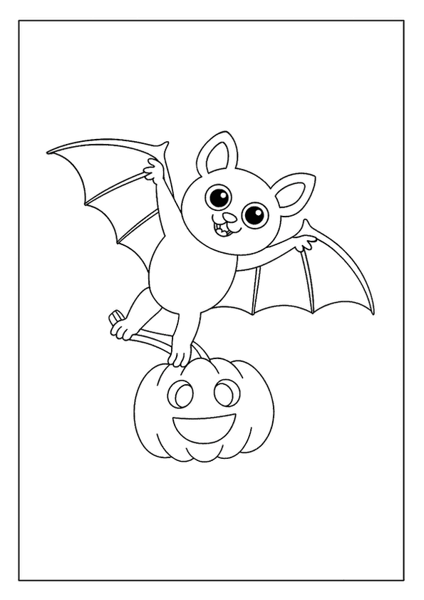 A happy cartoon bat with wide eyes landing on a smiling autumn squash.