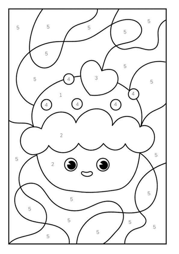 Happy cupcake with a smiling face and a heart on top, a color by number Coloring Page.