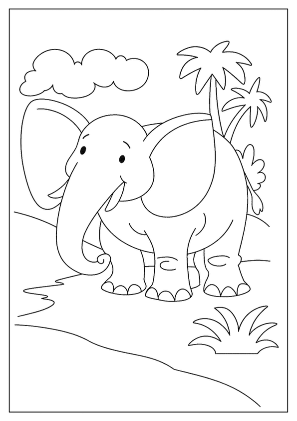 An Elephant Coloring Page Of A Happy Elephant In A Jungle Setting With Tall Palm Trees.