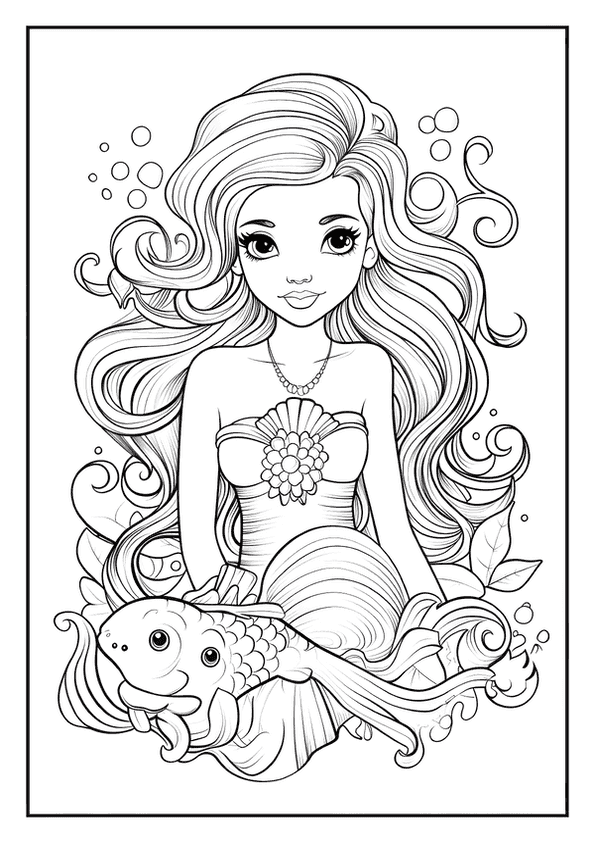 A stunning mermaid coloring page of a mermaid with beautiful long hair and a little fish friend.