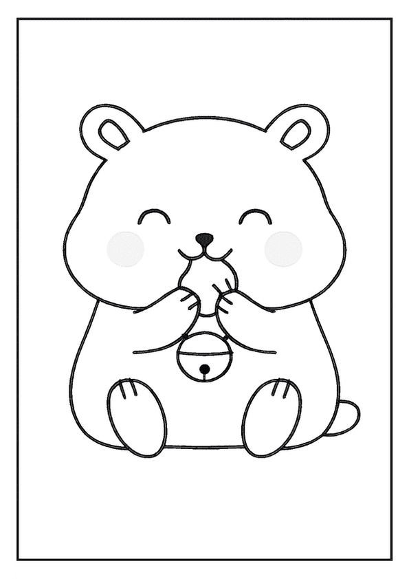Chubby Kawaii hamster coloring page chewing on food.