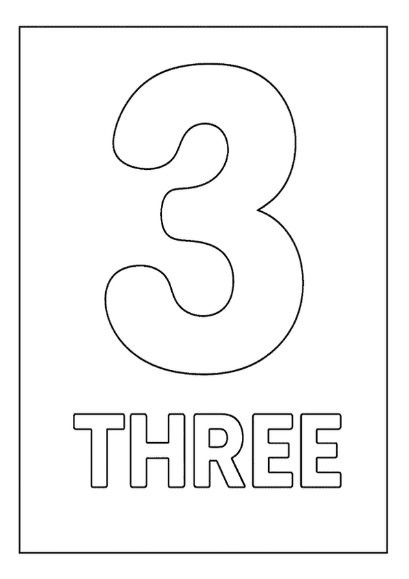 The outline of the number 3 with the word "THREE" below, perfect for a number coloring page.