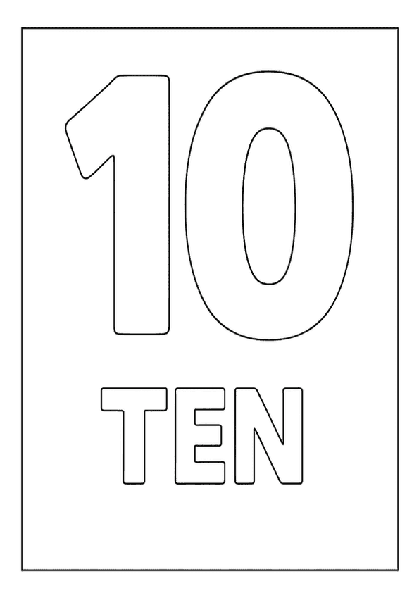 A bold outline of the number 10 and the word "TEN", perfect for a number coloring page.