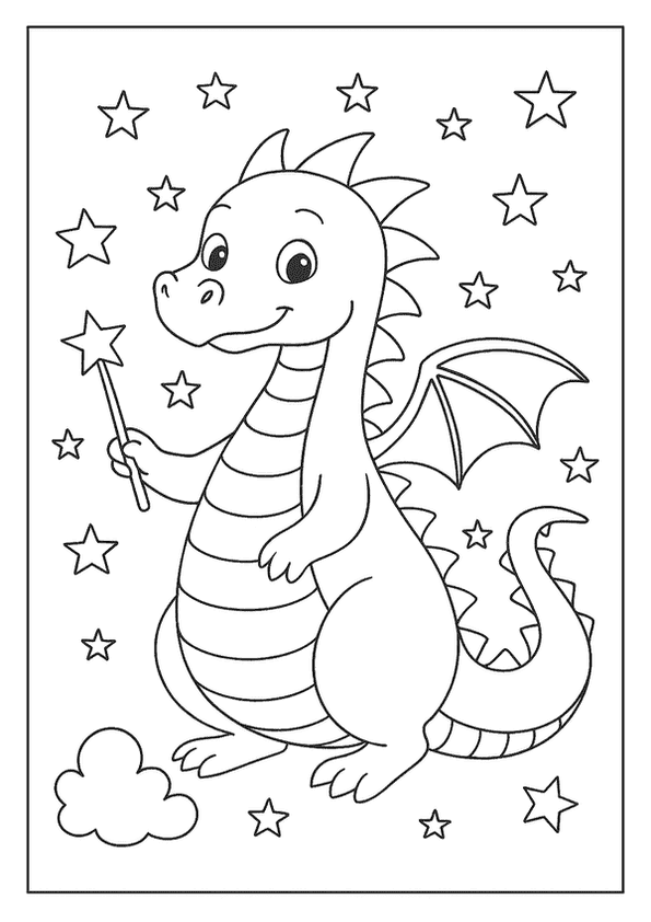 Friendly baby dragon coloring page with a magic wand and twinkling stars.