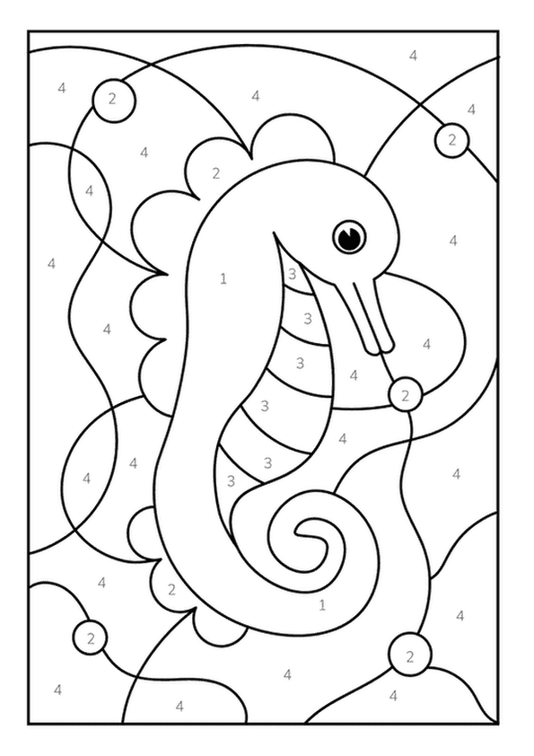 A simple color by number page featuring a friendly seahorse swimming with bubbles.