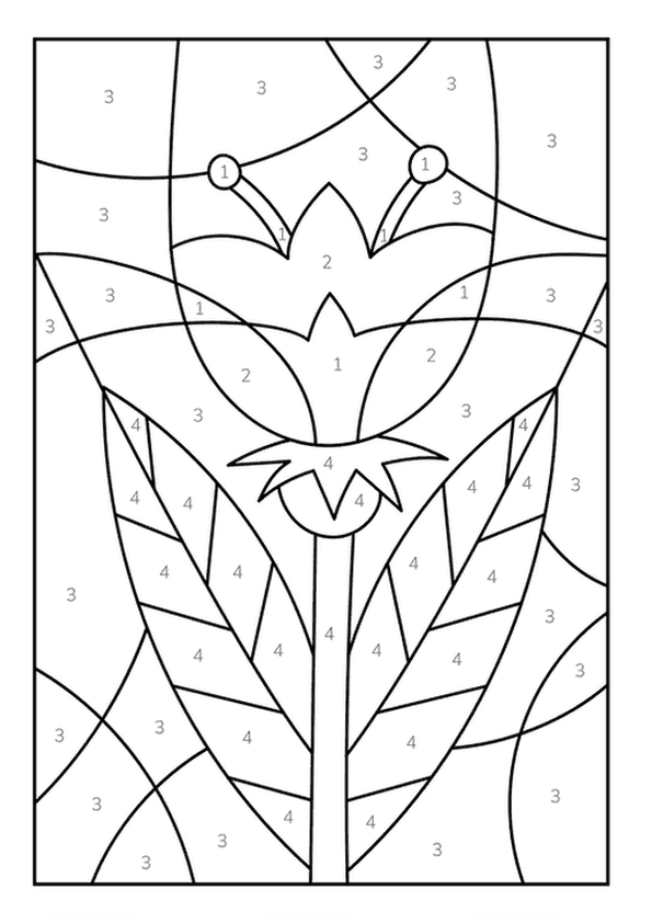 A beautiful color by number illustration of a stylized tulip flower with long leaves.