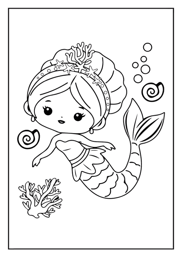 A magical mermaid coloring page of a cute chibi mermaid swimming with coral and seashells.