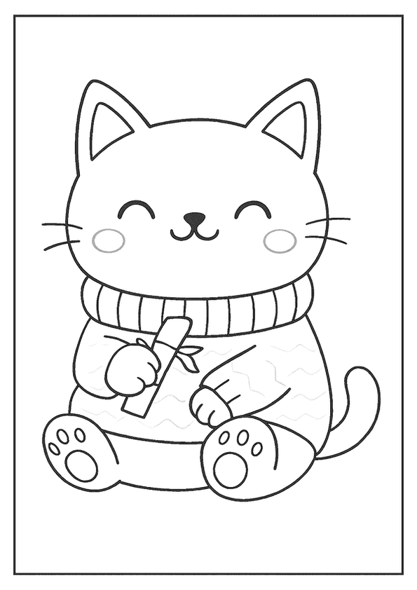  Adorable Kawaii cat wearing a sweater and holding bamboo coloring page.