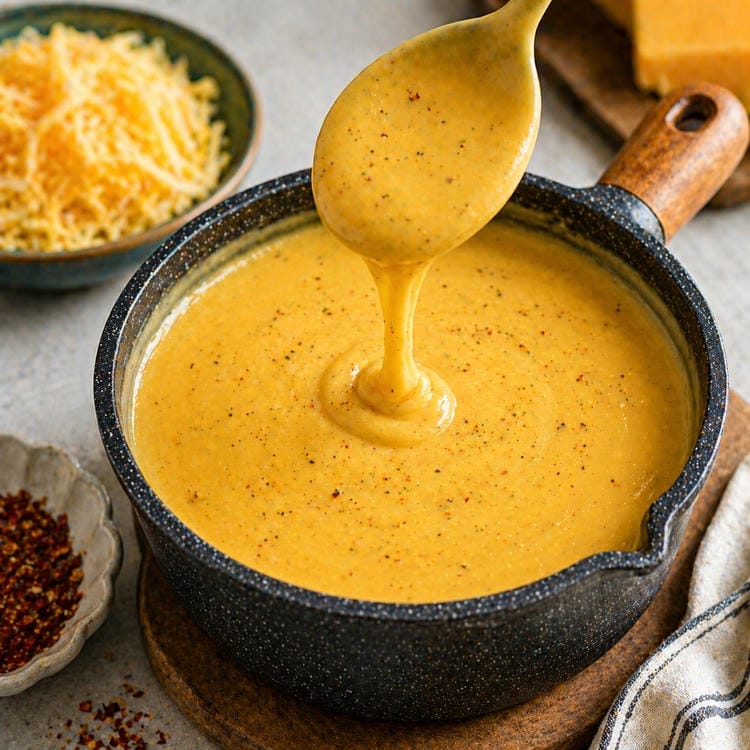 Smooth homemade cheese sauce for nachos.