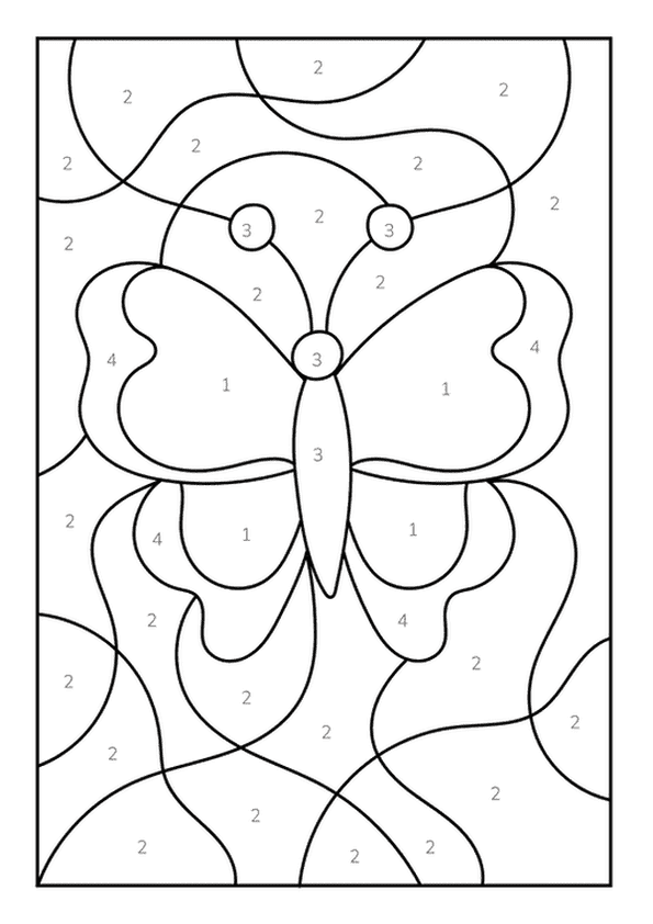A butterfly color by number coloring page with numbers 1 through 4 in a stained glass design.