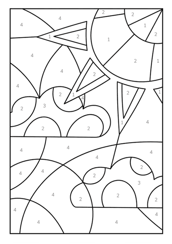 An abstract color by number design with geometric shapes and a stylized sun.