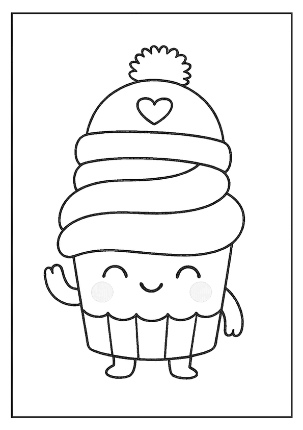 Kawaii cupcake coloring page wearing a winter hat with a heart.