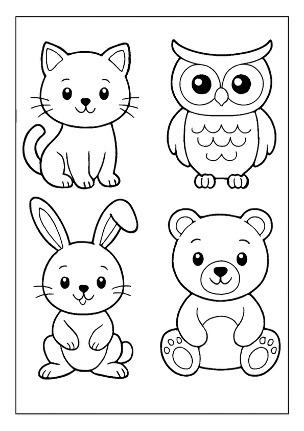 Adorable cat, wise owl, cute bunny, and sweet bear for Coloring Pages For Kids.