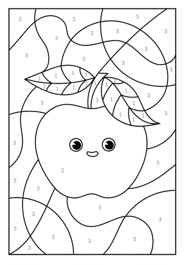 A adorable color by number of a happy, smiling apple with leaves on a stem.