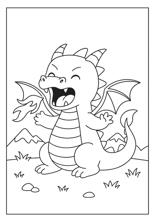 Cute baby dragon coloring page letting out a happy "ROAR!" with mountains in background.