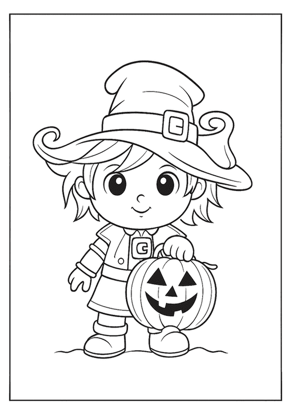 An adorable child in a witch's hat holds a smiling, friendly holiday pumpkin.