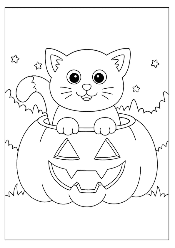Adorable kitten peeking from a carved pumpkin, ready for creative Halloween coloring fun!