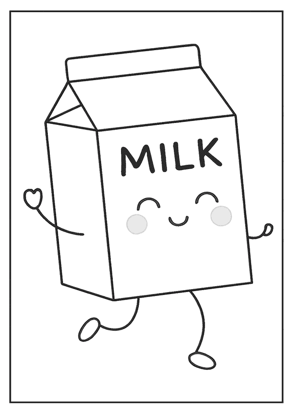 Fun Kawaii coloring page of a milk carton with arms and legs, dancing happily.