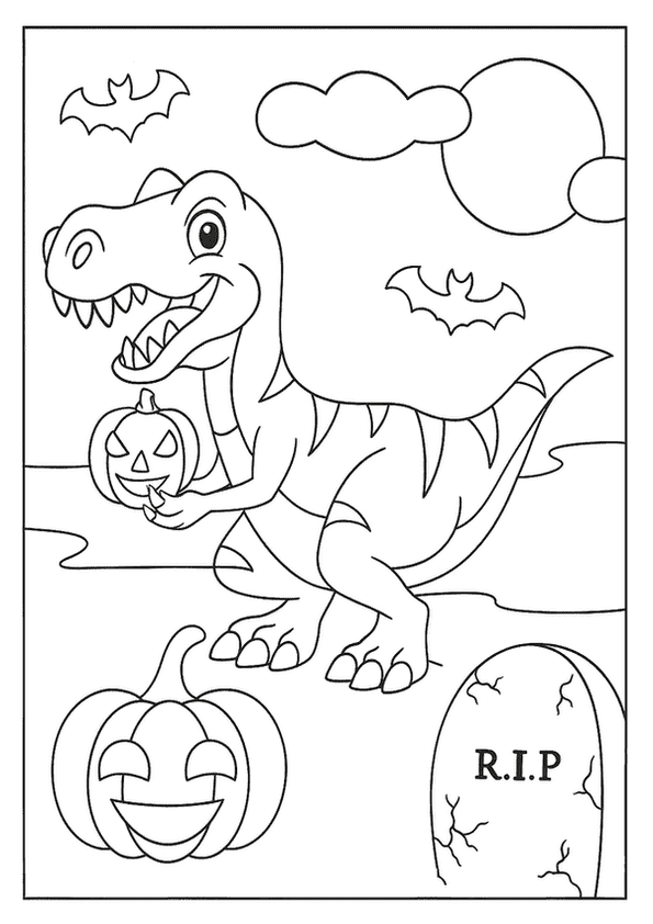 A friendly dinosaur holds a small jack-o'-lantern in a spooky Halloween scene with bats and a tombstone.