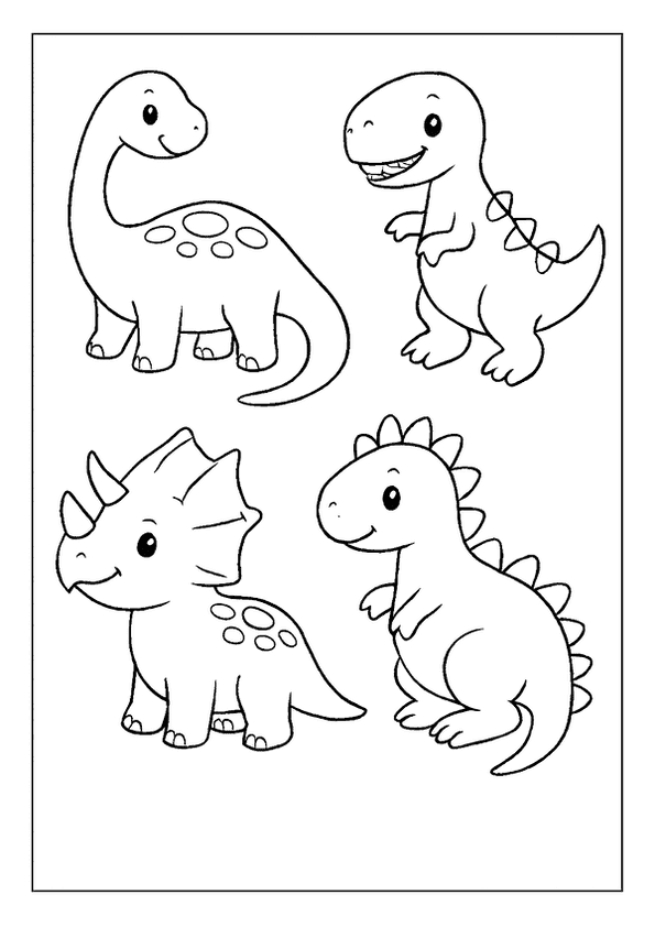 Fun dinosaur coloring pages for kids featuring a brachiosaurus, T-Rex, triceratops, and friendly stegosaurus.