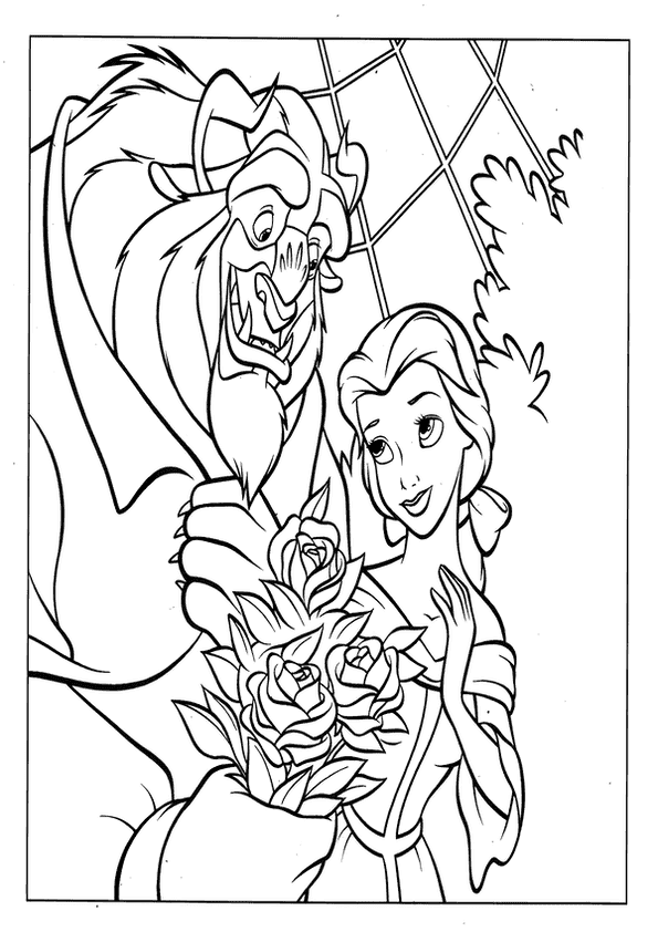 The Beast giving Belle a bouquet of roses.