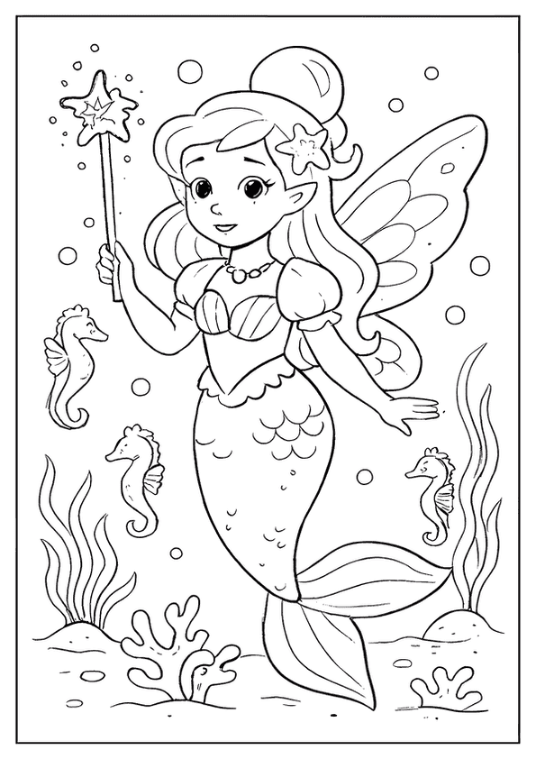 A magical Disney mermaid fairy with a wand swimming underwater.
