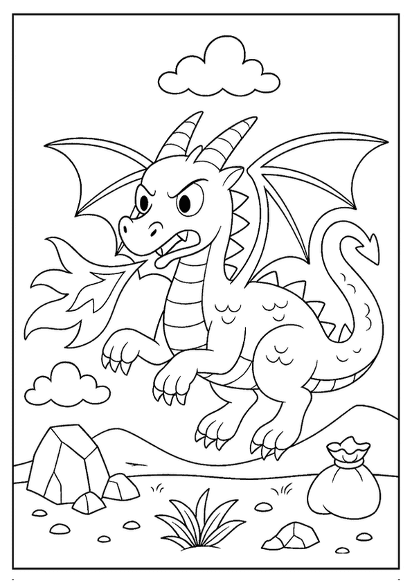 Fire-breathing dragon coloring page soaring with clouds and treasure, a thrilling adventure awaits.